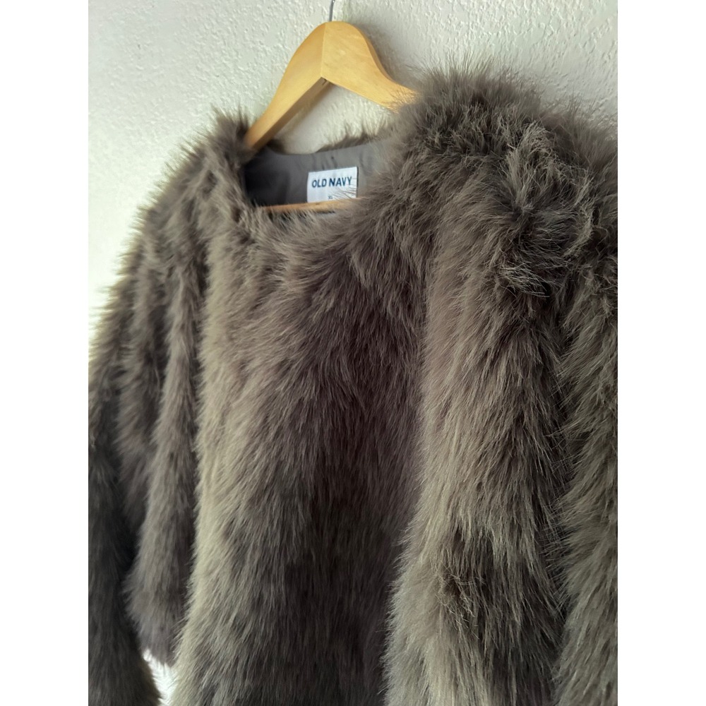 Old Navy Womens XL Gray Faux Fur Shaggy Cropped Jacket Coat Lined Charcoal - Picture 2 of 5